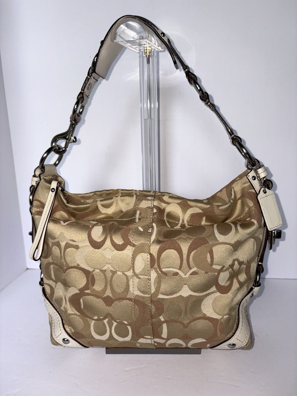 Coach Y2K Signature Carly Hobo Bag Khaki White Leather Trim EUC 13980 10Hx12Wx4D